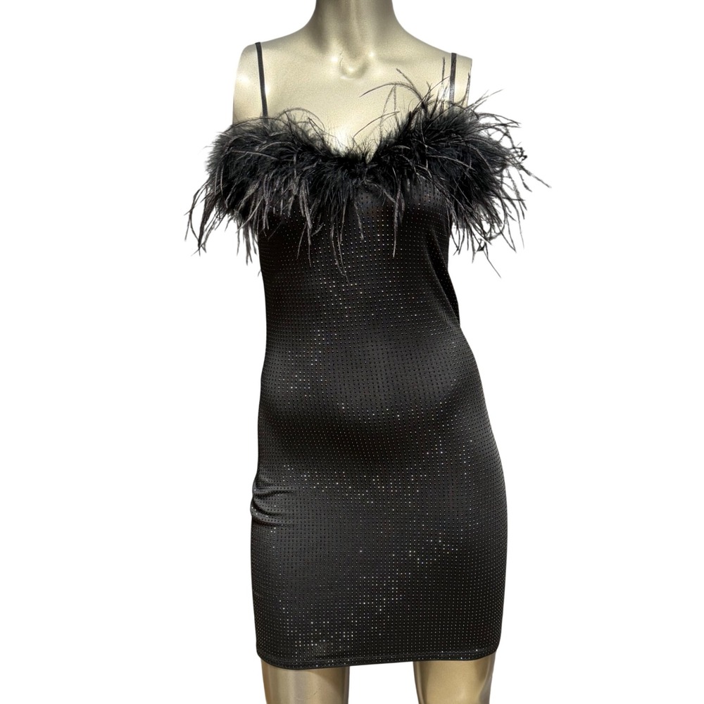 Zara Womens Black Studded Feather Trim Mini Dress Size Medium Adjustable Straps